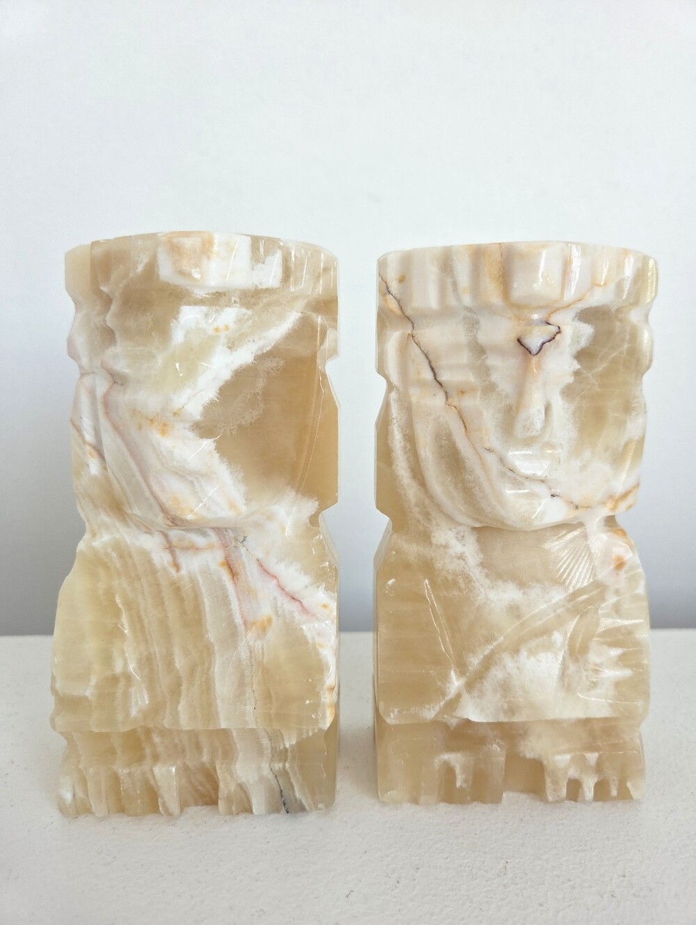 Vintage Mexican Onyx Marble hand carved Aztec Bookends
